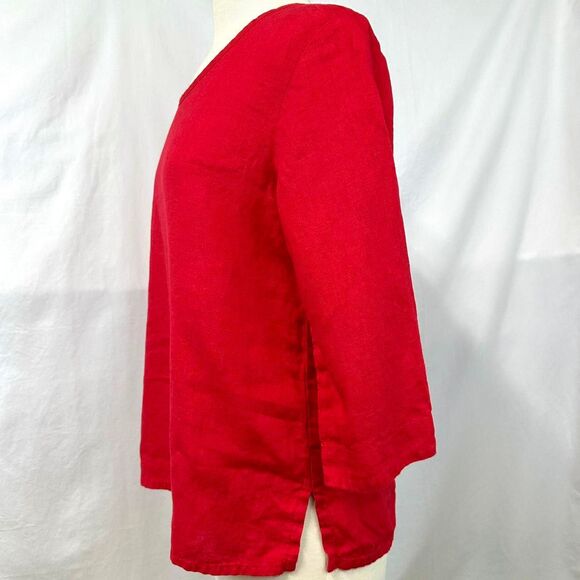FLAX 100% Linen Red Boxy Blouse 3/4 Sleeves Button Womens P Relaxed Lagum Beach - Picture 4 of 7